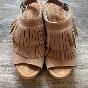 Minnetonka Tan Suede Fringe Wedge Sandals